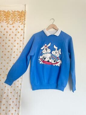 Vintage 80s 90s Snow Bunny Collared Sweatshirt Winter Ski Blue USA L